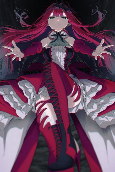 Anime picture 1163x1744 with fate (series) fate/grand order baobhan sith (fate) ichi yoshida single long hair tall image looking at viewer fringe bent knee (knees) red hair blunt bangs pointy ears blurry from below grey eyes high heels spread arms lacing girl