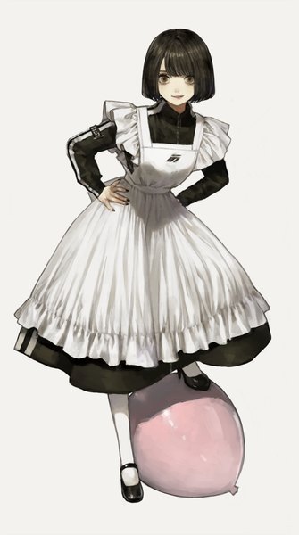 Anime picture 670x1200 with original sakauchi waka single tall image looking at viewer fringe short hair black hair simple background standing full body blunt bangs long sleeves nail polish black eyes grey background shadow maid leaning high heels