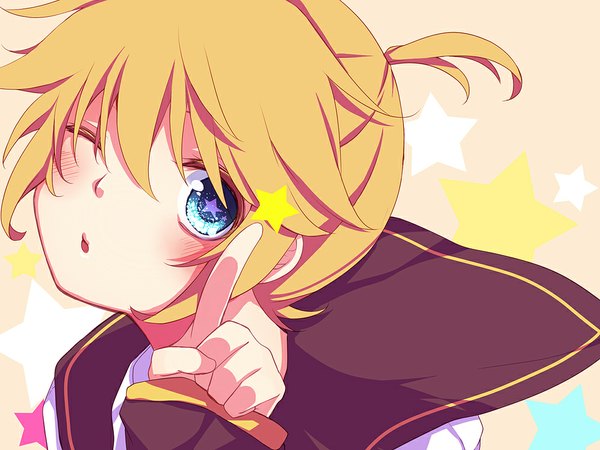 Anime picture 1000x750 with vocaloid kagamine len mukkun single looking at viewer blush short hair open mouth blue eyes blonde hair ponytail one eye closed wink boy star (symbol)