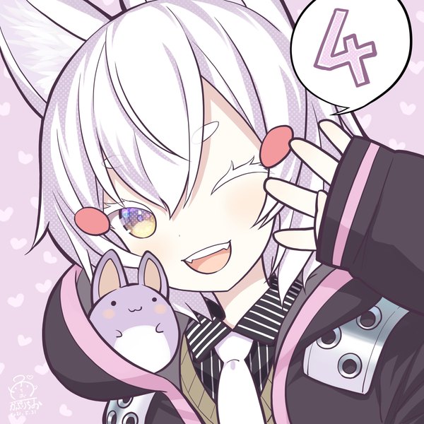 Anime picture 2400x2400 with virtual youtuber phase connect tenma maemi theo (tenma maemi) capriccio single looking at viewer blush fringe highres short hair open mouth simple background smile animal ears white hair one eye closed arm up wink fox ears