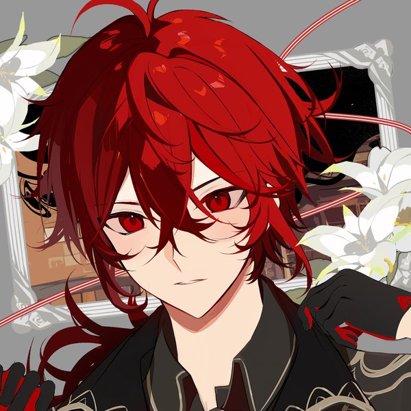 Anime picture 2048x2048 with genshin impact diluc ragnvindr wkwk0217 single long hair fringe highres hair between eyes red eyes upper body ahoge red hair looking down portrait boy gloves flower (flowers) black gloves lily (flower)