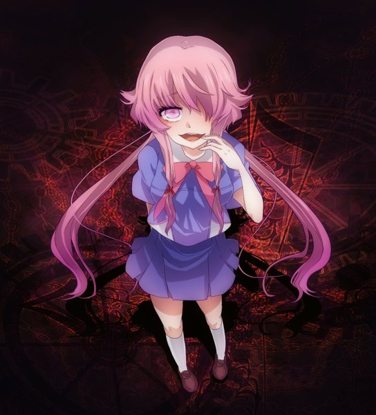 Anime picture 1350x1488 with mirai nikki gasai yuno long hair tall image fringe open mouth twintails pink hair pink eyes hair over one eye low twintails black background girl uniform bow school uniform socks white socks loafers