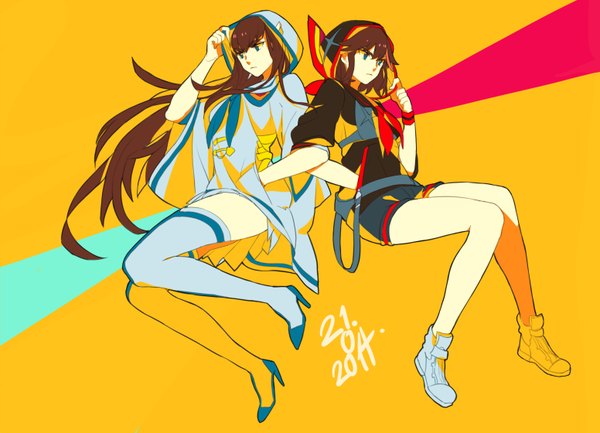 Anime picture 1551x1120 with kill la kill studio trigger matoi ryuuko kiryuuin satsuki senketsu allenkung1 long hair short hair blue eyes brown hair sitting multiple girls looking away multicolored hair two-tone hair streaked hair hand in pocket yellow background abstract girl