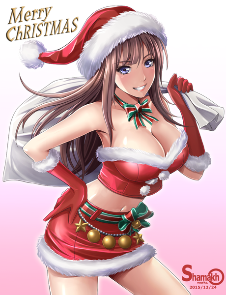 Anime picture 890x1161 with original shamakho single long hair tall image looking at viewer blue eyes light erotic smile brown hair cleavage fur trim christmas merry christmas girl skirt gloves hat fur santa claus hat