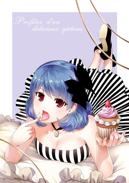 Anime picture 702x992 with domestic na kanojo tachibana rui sasuga kei single tall image looking at viewer blush fringe short hair breasts open mouth simple background red eyes bare shoulders holding blue hair cleavage lying nail polish official art