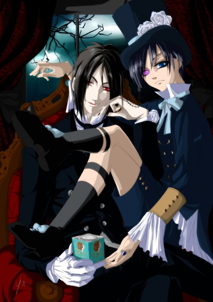 Anime picture 1768x2500 with kuroshitsuji a-1 pictures sebastian michaelis ciel phantomhive tall image looking at viewer highres short hair open mouth black hair red eyes sitting multiple boys heterochromia sitting on person butler sitting on lap aristocrat boy gloves
