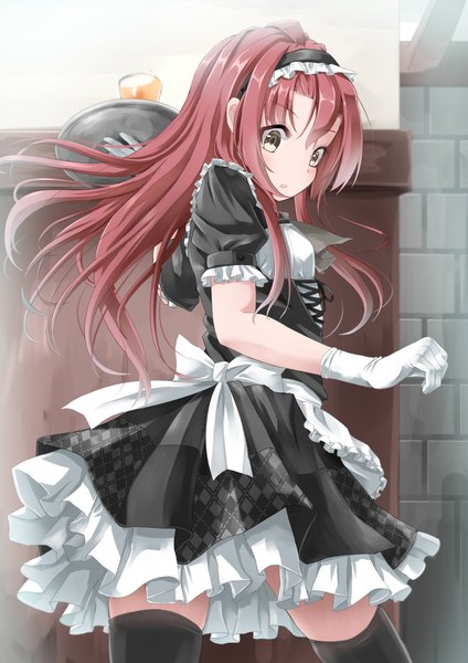 Anime picture 1654x2339 with original inudzuka ringo single long hair tall image looking at viewer blush fringe standing holding yellow eyes red hair looking back maid girl thighhighs dress gloves uniform ribbon (ribbons)