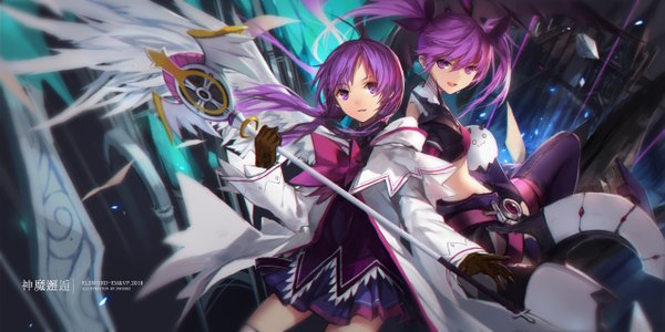 Anime picture 2551x1276 with elsword aisha landar elemental master (elsword) swd3e2 long hair looking at viewer highres open mouth wide image purple eyes twintails multiple girls purple hair girl dress skirt gloves bow 2 girls hair bow