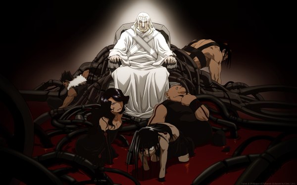 Anime picture 2560x1600 with fullmetal alchemist studio bones lust greed envy gluttony sloth father (fma) cilou (artist) long hair highres short hair black hair blonde hair wide image purple eyes tattoo dark skin group vector