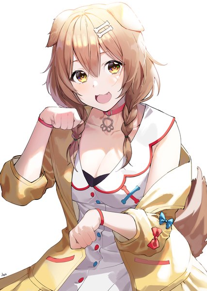 Anime picture 2731x3835 with virtual youtuber hololive inugami korone arjent single long hair tall image looking at viewer highres breasts open mouth simple background brown hair large breasts white background animal ears yellow eyes cleavage tail braid (braids)
