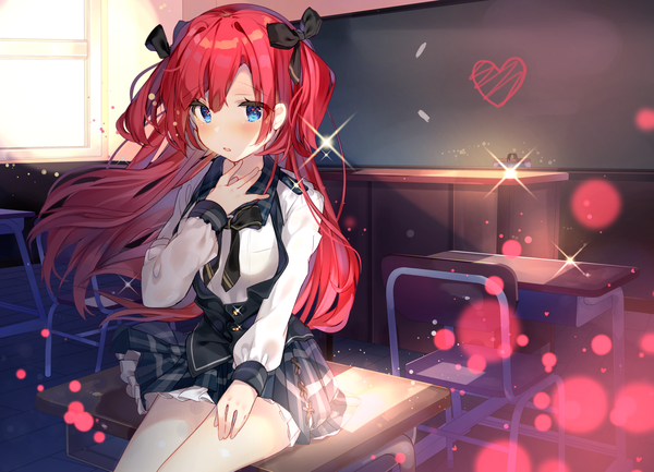 Anime picture 2320x1676 with original kabako (lilypicture410v) single long hair looking at viewer blush fringe highres blue eyes hair between eyes sitting payot red hair indoors long sleeves parted lips wind sunlight :o sparkle