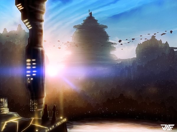 Anime picture 2832x2124 with original julian399 highres sunlight city science fiction aircraft