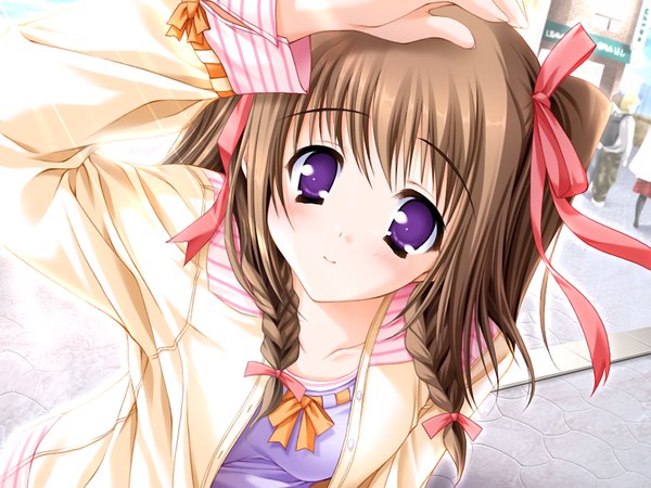 Anime picture 1024x768 with nursery rhyme makina tomoe brown hair purple eyes game cg girl