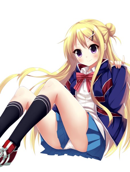 Anime picture 910x1200 with kin-iro mosaic kujou karen aixioo single long hair tall image looking at viewer blush light erotic blonde hair simple background smile white background purple eyes pantyshot sitting girl skirt uniform school uniform socks