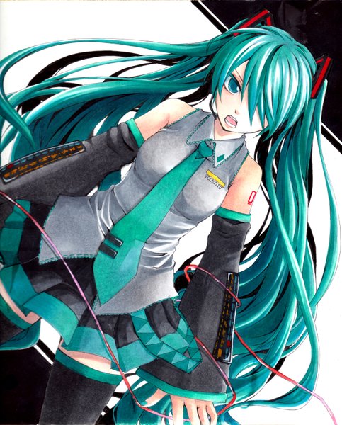 Anime picture 1290x1600 with vocaloid hatsune miku kanna (chaos966) single tall image fringe open mouth twintails bare shoulders very long hair nail polish pleated skirt aqua eyes hair over one eye aqua hair girl thighhighs black thighhighs detached sleeves necktie
