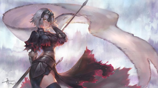 Anime picture 1920x1080 with fate (series) fate/grand order fate/apocrypha jeanne d'arc (fate) (all) jeanne d'arc alter (fate) duan henglong single looking at viewer highres short hair wide image signed yellow eyes silver hair light smile adjusting hair backlighting girl thighhighs black thighhighs