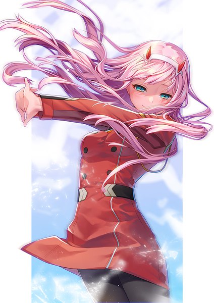 Anime picture 707x1000 with darling in the franxx studio trigger zero two (darling in the franxx) geroro single long hair tall image looking at viewer blush fringe breasts blue eyes smile payot pink hair sky cloud (clouds) long sleeves head tilt horn (horns)