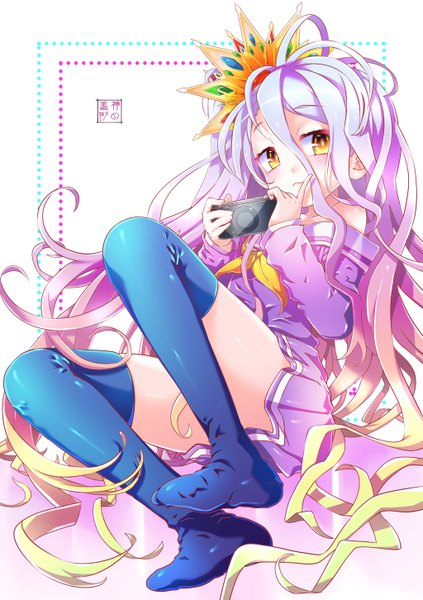 Anime picture 1024x1451 with no game no life madhouse shiro (no game no life) eudetenis single long hair tall image hair between eyes sitting holding brown eyes looking away bent knee (knees) multicolored hair off shoulder zettai ryouiki body blush girl thighhighs hair ornament