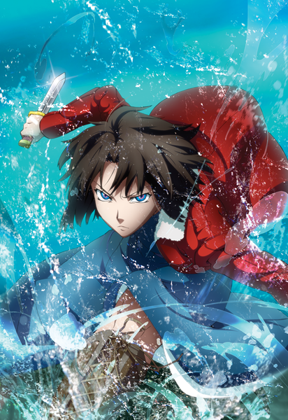 Anime picture 2628x3820 with kara no kyoukai type-moon ryougi shiki single tall image looking at viewer highres short hair blue eyes black hair multicolored eyes girl dress water jacket boots knife