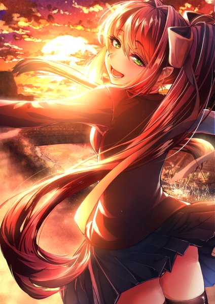 Anime picture 1063x1505 with doki doki literature club monika (doki doki literature club) cluseller single long hair tall image fringe open mouth light erotic smile hair between eyes green eyes payot cloud (clouds) outdoors ponytail :d pleated skirt looking back wind
