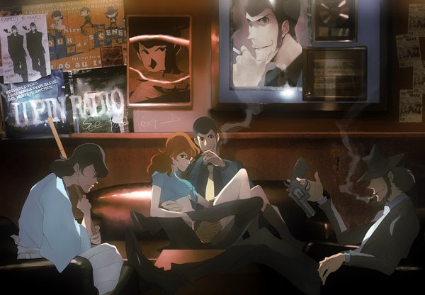 Anime-Bild 2006x1393 mit lupin iii jigen daisuke arsene lupin iii mine fujiko ishikawa goemon xiii zz highres sitting smoke group smoking girl boy hat sword katana gun