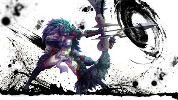 Anime picture 1500x844 with monster hunter nargacuga (armor) flameskevin single long hair wide image white background blue hair aqua eyes midriff attack girl bow mask bow (weapon) arrow (arrows)