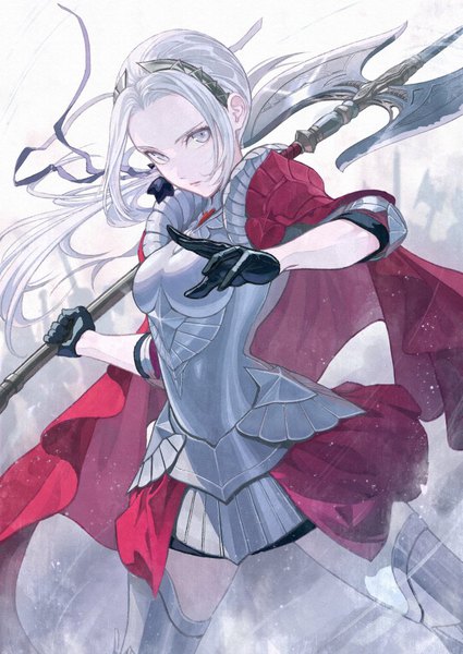 Anime picture 724x1023 with fire emblem fire emblem: three houses fire emblem warriors: three hopes nintendo edelgard von hresvelg mueririko single long hair tall image looking at viewer standing holding payot silver hair wind silver eyes fighting stance girl gloves ribbon (ribbons)