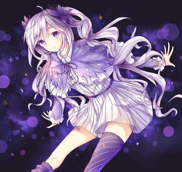 Anime picture 1500x1420 with vocaloid hatsune miku fuyu no yoru miku wsman single long hair looking at viewer fringe open mouth smile twintails purple eyes purple hair ahoge long sleeves leaning alternate costume leaning forward fur trim lens flare