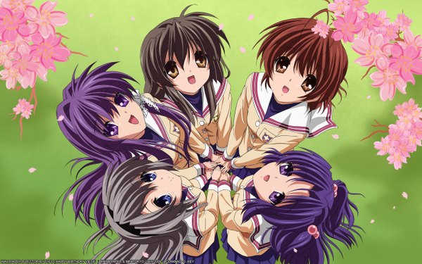 Anime picture 2560x1600 with clannad key (studio) furukawa nagisa fujibayashi kyou sakagami tomoyo ibuki fuuko ichinose kotomi ikeda kazumi fiifo (artist) looking at viewer highres open mouth blue eyes smile brown hair wide image purple eyes multiple girls brown eyes purple hair