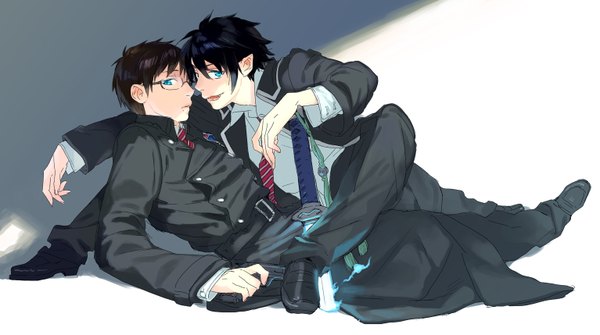 Anime picture 1534x858 with ao no exorcist a-1 pictures okumura rin okumura yukio naaaako short hair blue eyes black hair brown hair wide image pointy ears glowing face to face siblings shounen ai brothers boy uniform weapon school uniform