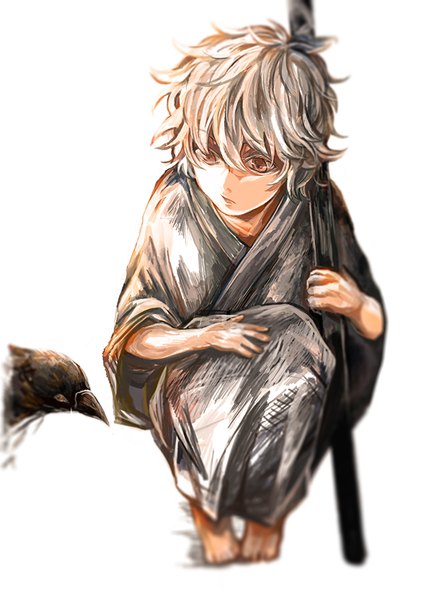 Anime picture 620x881 with gintama sunrise (studio) sakata gintoki mizudama single tall image fringe short hair simple background hair between eyes white background brown eyes silver hair full body traditional clothes japanese clothes barefoot squat alternate age younger