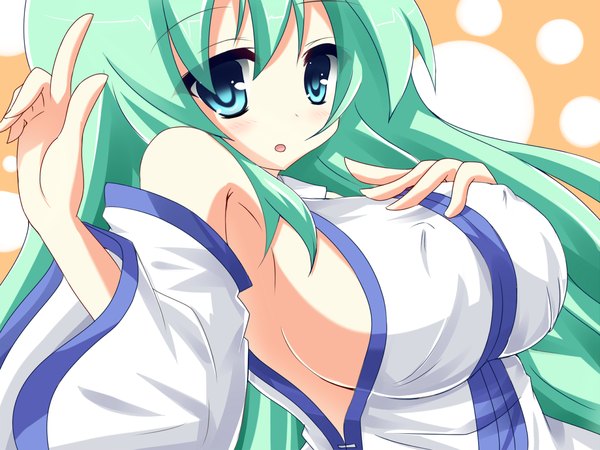 Anime picture 1280x960 with touhou kochiya sanae kuromari (runia) single long hair breasts blue eyes light erotic green hair huge breasts girl detached sleeves