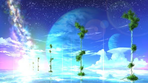 Anime picture 1920x1080 with original tsuruzen highres wide image sky cloud (clouds) no people landscape plant (plants) star (stars)