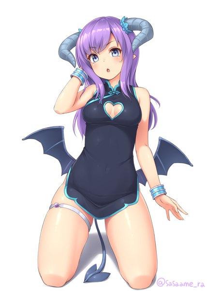 Anime picture 800x1120 with original sasaame single long hair tall image looking at viewer blush fringe breasts open mouth blue eyes light erotic simple background white background signed cleavage purple hair full body tail horn (horns)