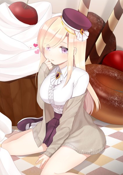 Anime picture 1000x1414 with original nacsi (amo) single long hair tall image blush breasts blonde hair sitting purple eyes looking away girl dress food sweets beret fruit cherry