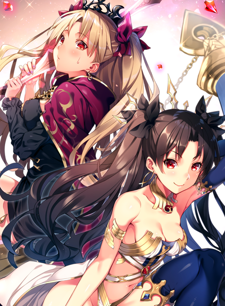 Anime picture 957x1301 with fate (series) fate/grand order ishtar (fate) ereshkigal (fate) kat (bu-kunn) long hair tall image looking at viewer blush fringe breasts light erotic black hair blonde hair smile red eyes multiple girls holding bent knee (knees) looking back