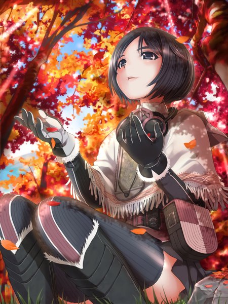 Anime picture 720x960 with valkyria chronicles isara gunther mikazuki akira single tall image fringe short hair black hair sitting looking away outdoors long sleeves pleated skirt light smile black eyes sunlight from below zettai ryouiki looking up outstretched hand