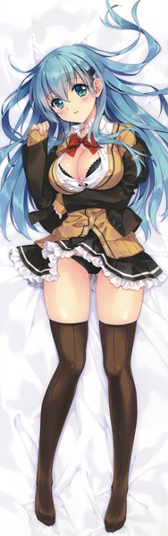 Anime picture 2303x7340 with kantai collection suzuya heavy cruiser carnelian single long hair tall image looking at viewer blush fringe highres breasts light erotic hair between eyes large breasts blue hair cleavage full body aqua eyes scan open shirt