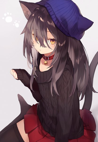 Anime picture 800x1157 with original shugao single long hair tall image looking at viewer blush fringe hair between eyes sitting animal ears bent knee (knees) tail animal tail cat ears cat girl cat tail bell collar paw pose girl