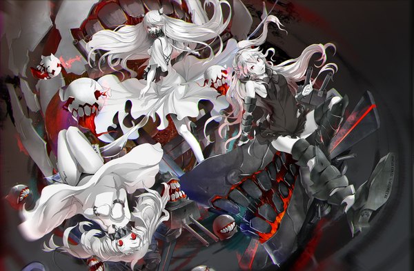 Anime picture 1600x1048 with kantai collection northern ocean hime midway hime armored aircraft carrier oni sau long hair looking at viewer fringe light erotic red eyes multiple girls bent knee (knees) white hair parted lips looking back from behind teeth hair bun (hair buns) back upside down