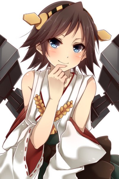 Anime picture 800x1196 with kantai collection hiei battleship yamasuta single tall image looking at viewer blush short hair blue eyes simple background smile brown hair white background nontraditional miko girl hair ornament detached sleeves