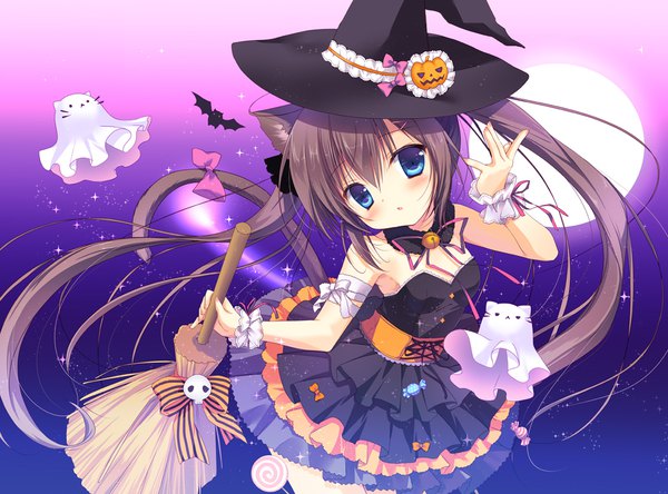 Anime picture 1000x741 with original miyasaka miyu single looking at viewer blush blue eyes brown hair animal ears tail very long hair animal tail cat ears cat girl cat tail halloween witch girl dress bow hat