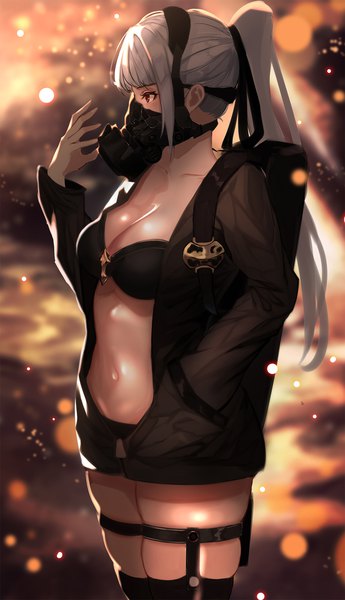 Anime picture 1150x2000 with original shiodango single long hair tall image fringe breasts light erotic red eyes standing payot looking away cleavage ponytail profile grey hair lens flare hand in pocket girl thighhighs