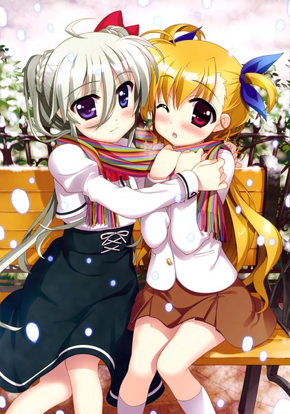 Anime picture 2873x4097 with mahou shoujo lyrical nanoha takamachi vivio einhart stratos fujima takuya long hair tall image blush highres open mouth blonde hair sitting twintails multiple girls white hair one eye closed official art loli hug heterochromia short twintails