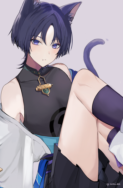 Anime picture 2103x3208 with genshin impact scaramouche (genshin impact) wanderer (genshin impact) muimui oioi single tall image looking at viewer highres short hair simple background purple eyes signed animal ears tail animal tail cat ears grey background cat tail twitter username kemonomimi mode