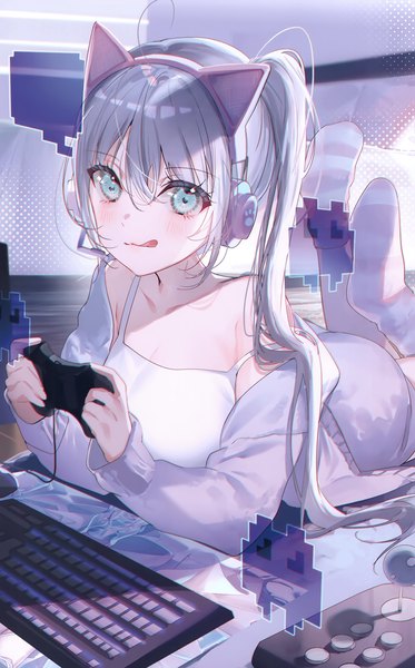 Anime picture 1871x3008 with original miwano rag single long hair tall image looking at viewer blush fringe highres smile hair between eyes holding green eyes payot silver hair ponytail indoors lying scan off shoulder