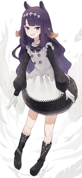 Anime picture 1092x2373 with virtual youtuber hololive hololive english ninomae ina'nis ninomae ina'nis (pastry chef) punished pigeon single long hair tall image looking at viewer open mouth blue eyes standing white background animal ears purple hair full body :d official alternate costume girl
