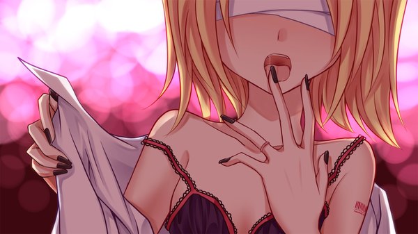 Anime picture 1600x900 with vocaloid kagamine rin single short hair open mouth light erotic blonde hair wide image nail polish blindfold girl shirt bandage (bandages)