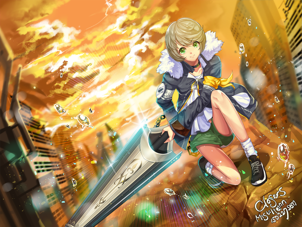 Anime-Bild 1500x1125 mit closers sem single looking at viewer short hair brown hair green eyes sky cloud (clouds) evening sunset girl weapon sword jacket shorts bubble (bubbles)