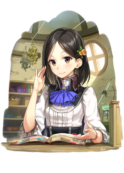 Anime picture 924x1286 with atelier (series) atelier escha & logy gust (company) efmoe single tall image looking at viewer blush short hair black hair smile white background brown eyes braid (braids) girl dress hair ornament book (books)